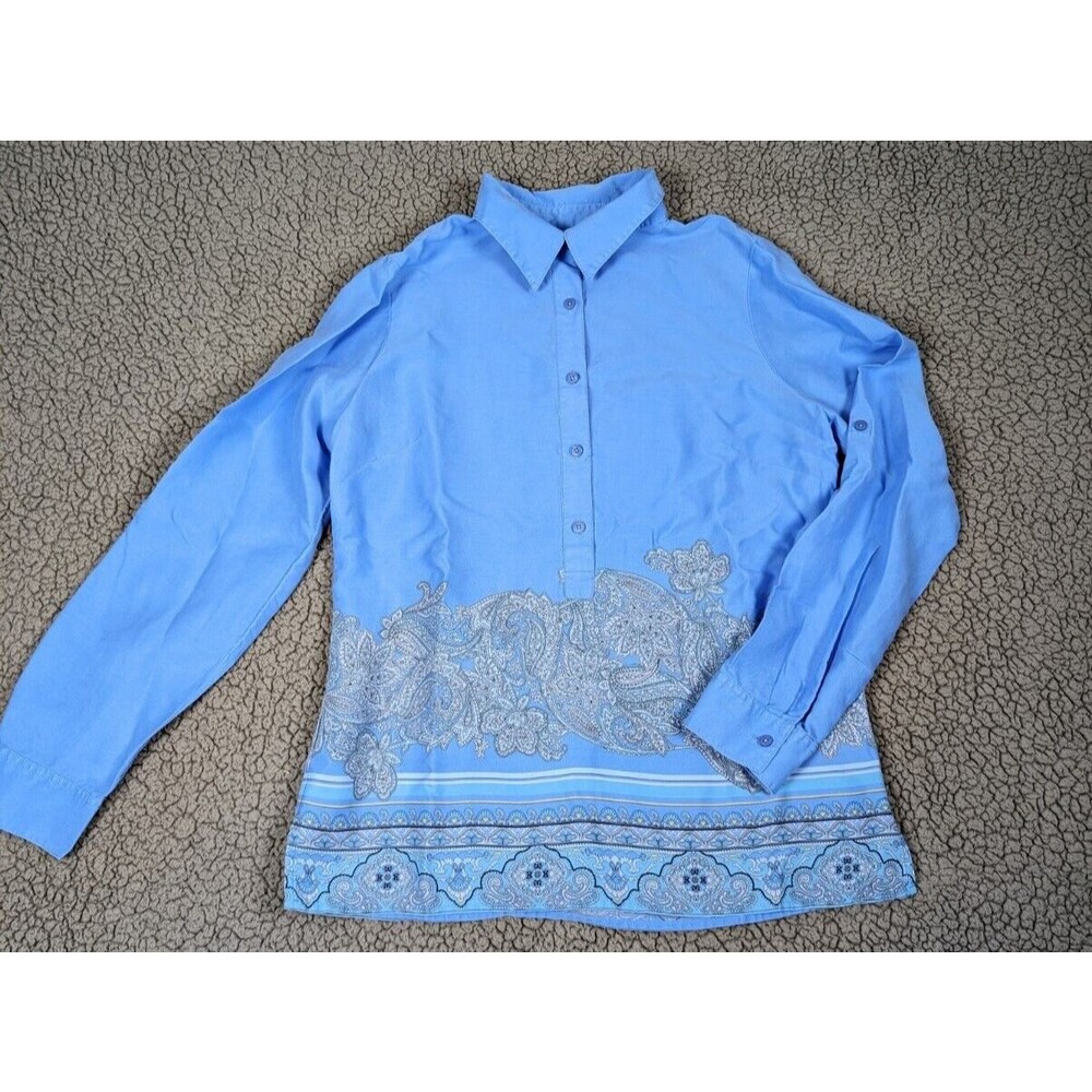 Talbots Top Shirt 1/2 Button Women's Roll Tab Sleeve Paisley Blue Sz PS